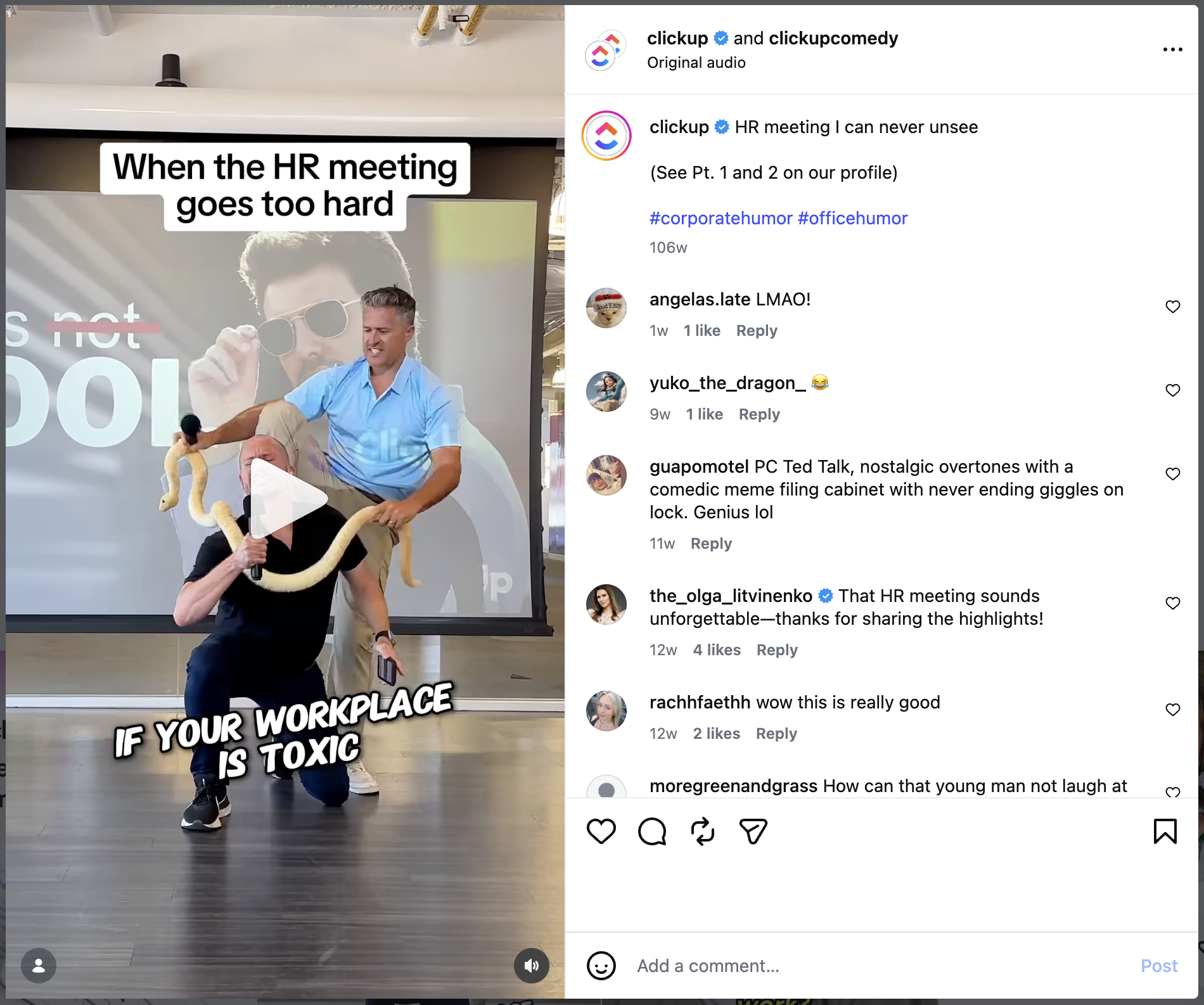 Example of adventurous brand voice from ClickUp with a screenshot of their Instagram sketch with two coworkers having a "hard HR meeting" with a snake