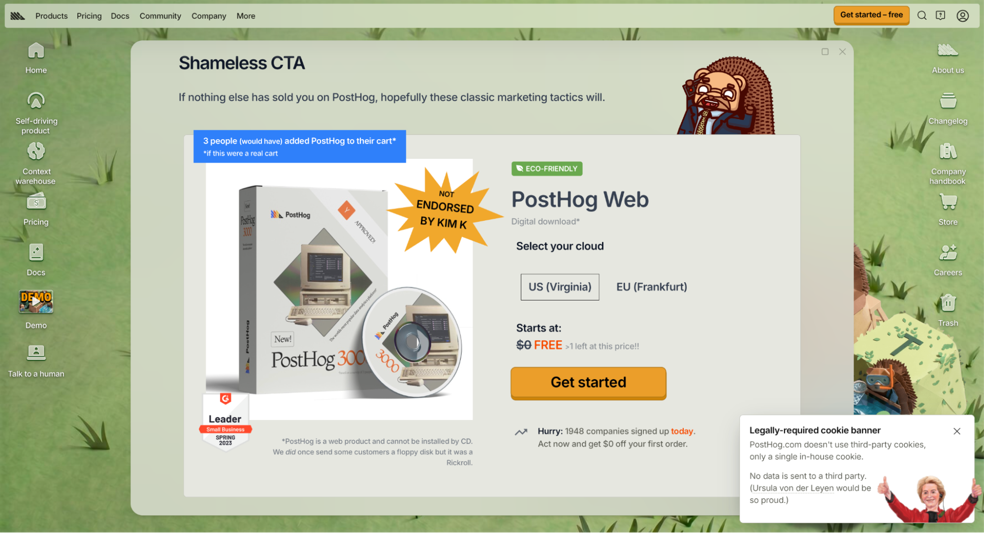 PostHog's website resembling an old desktop background that users can navigate just as they would on a PC. On he website, there's a op-up window reading "Shameless CTA", presenting a PostHog offer.