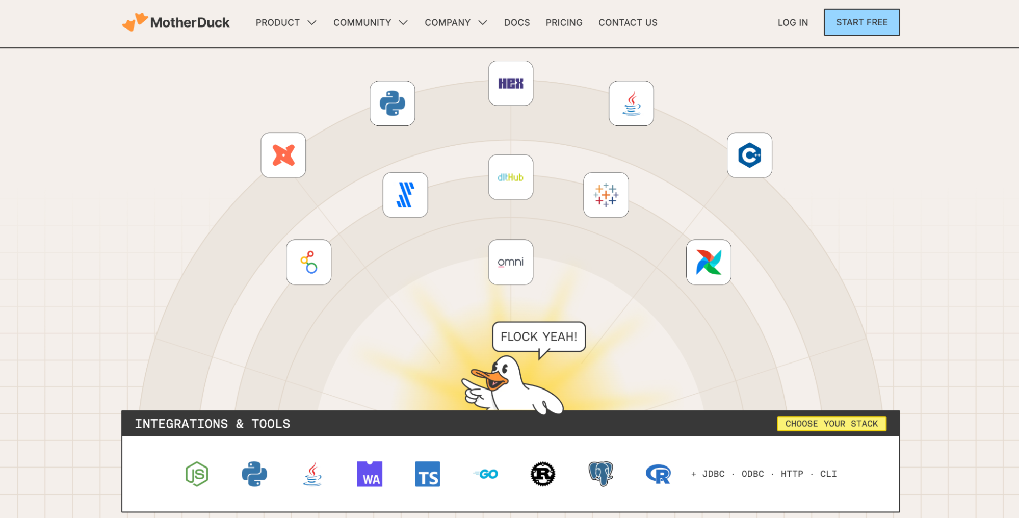 MoherDuck's website copy reading "Flock yeah!", showcasing a playful and funny brand voice