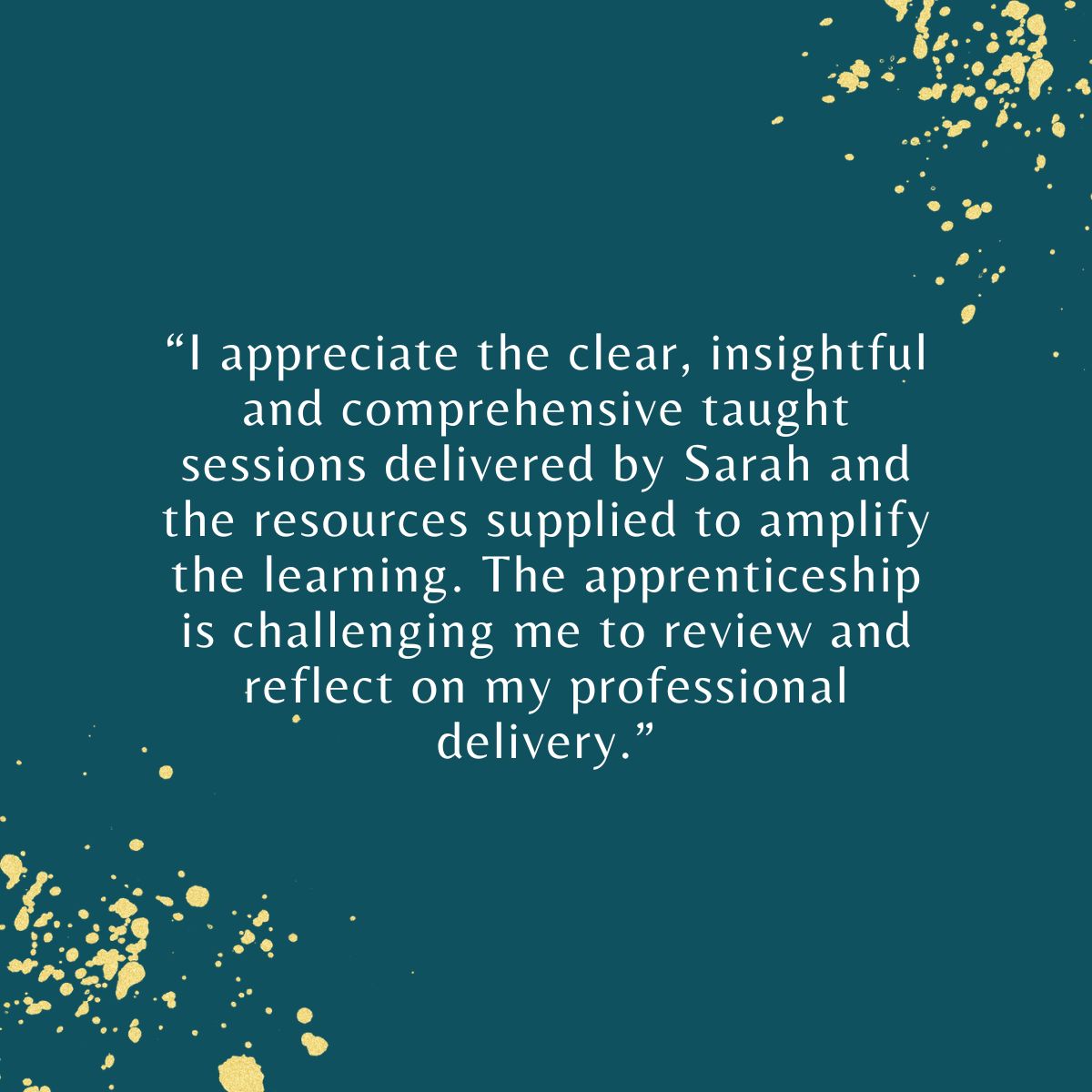 “I appreciate the clear, insightful and comprehensive taught sessions delivered by Sarah and the resources supplied to amplify the learning. The apprenticeship is challenging me to review and reflect on my professional delivery.”