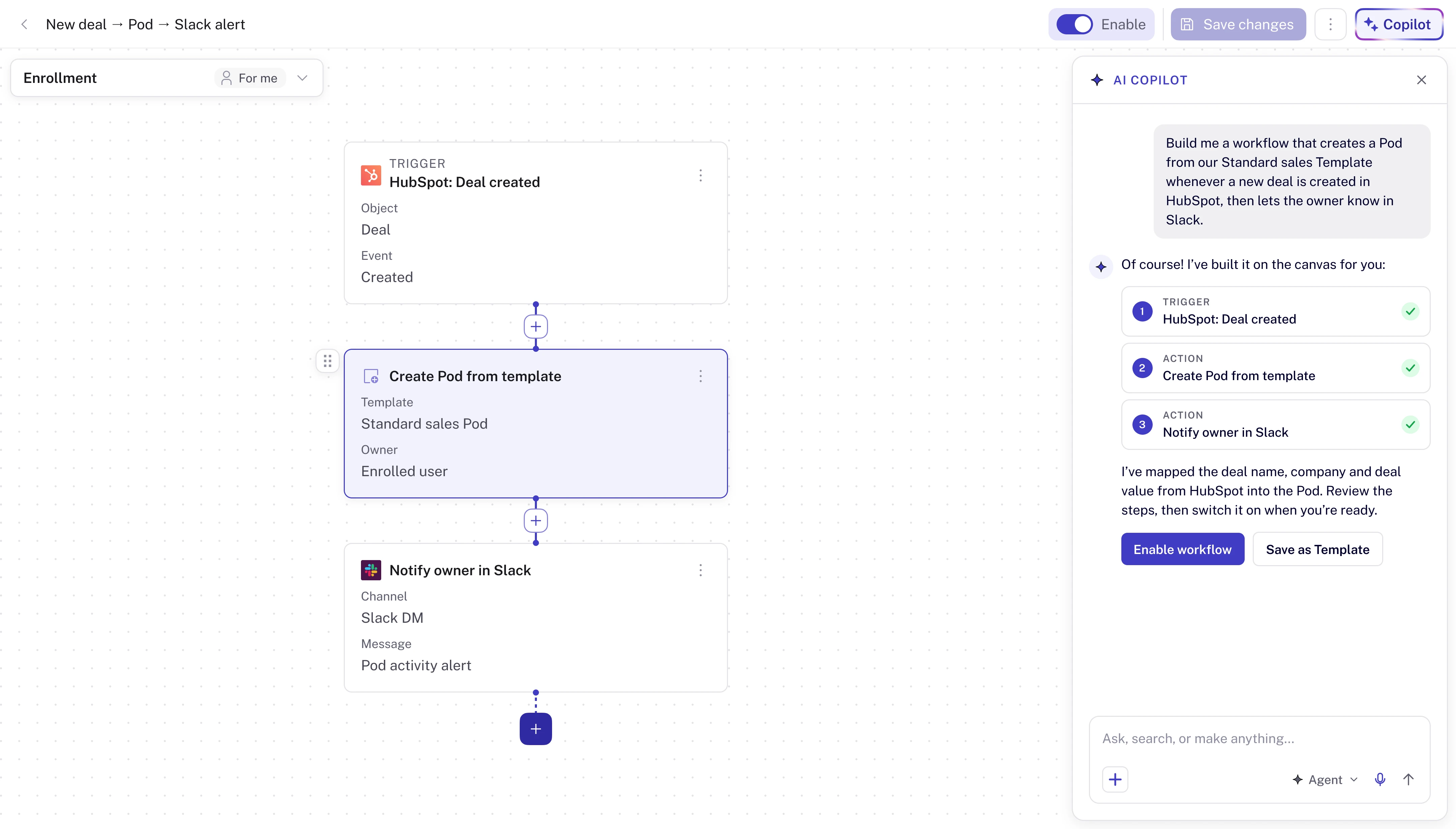 Trumpet Agentic Workflows builder: a HubSpot deal-created trigger creates a Pod from a template and notifies the owner in Slack, built with AI Copilot