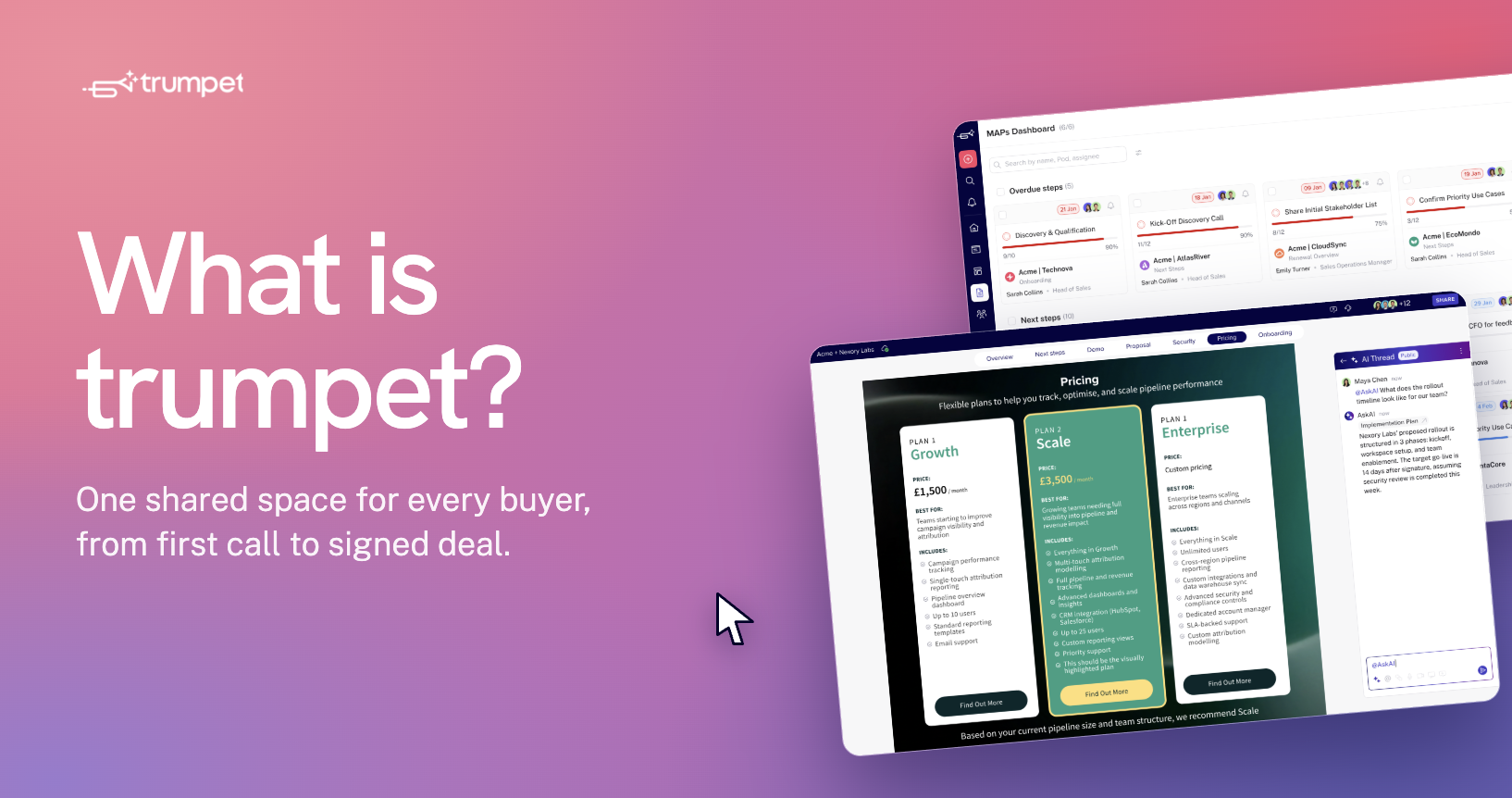 Learn what trumpet is, how it works and why thousands of B2B revenue teams use it to create Digital Sales Rooms, engage buyers and manage the customer journey from first meeting to renewal.