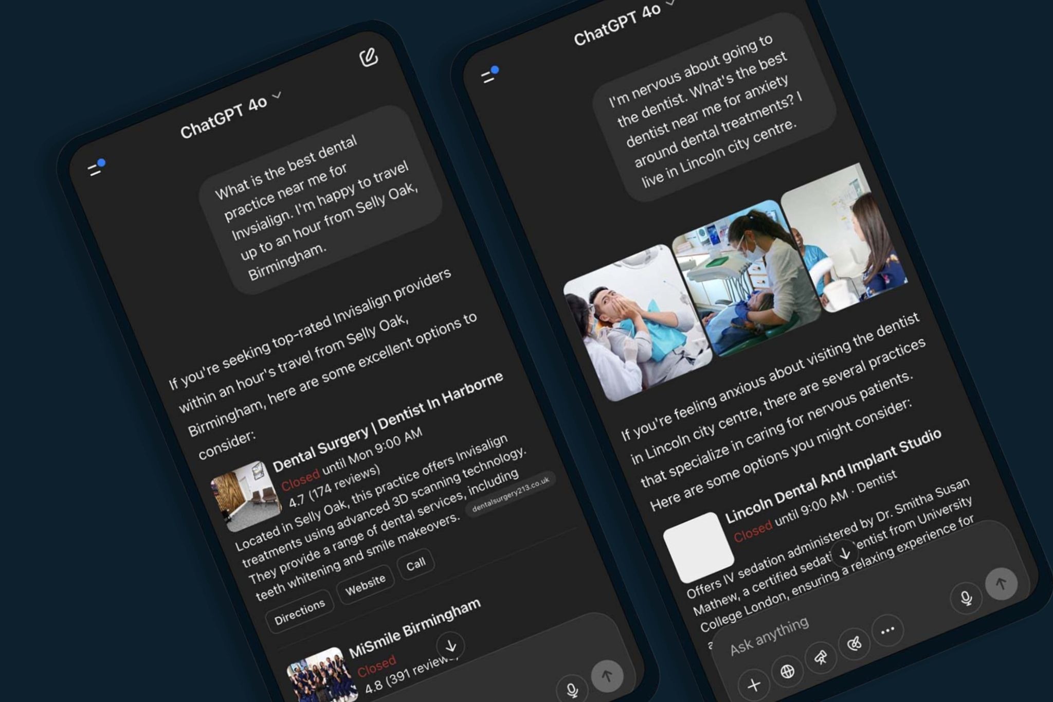AI generated dental search results on mobile showing recommendations for dentists and treatments using conversational search