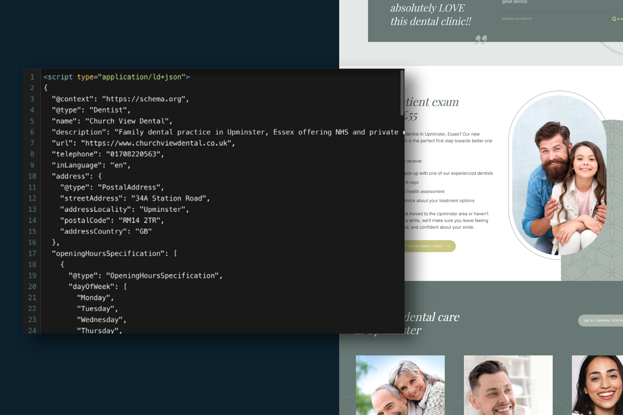 Schema markup code for dental website showing structured data for local SEO and search engine understanding