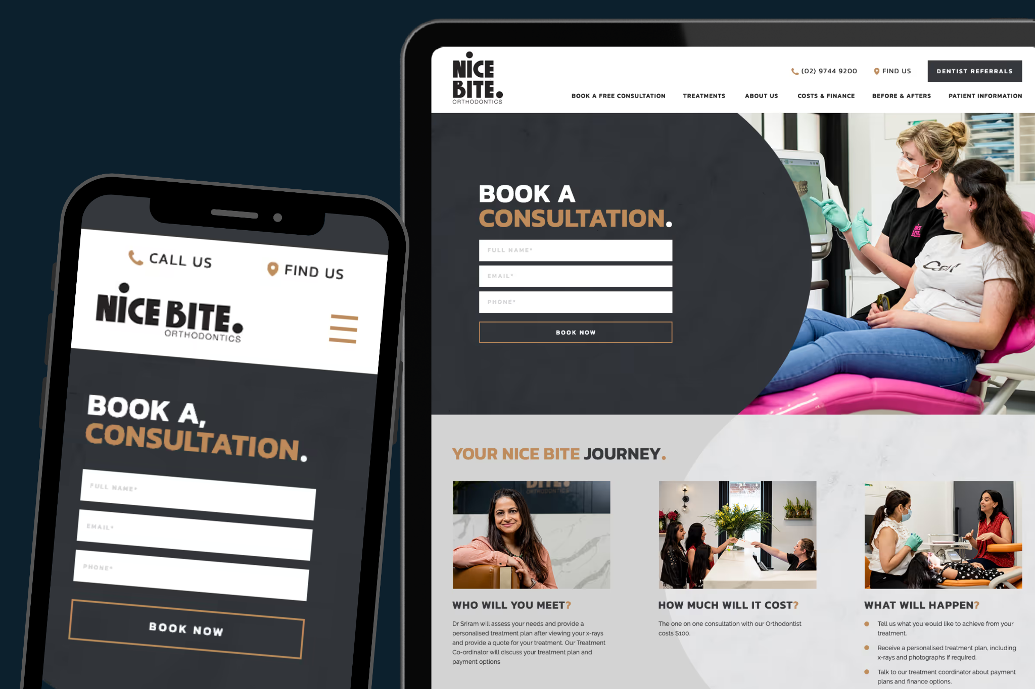 Mobile responsive dental website design with clear consultation booking form for orthodontic practice