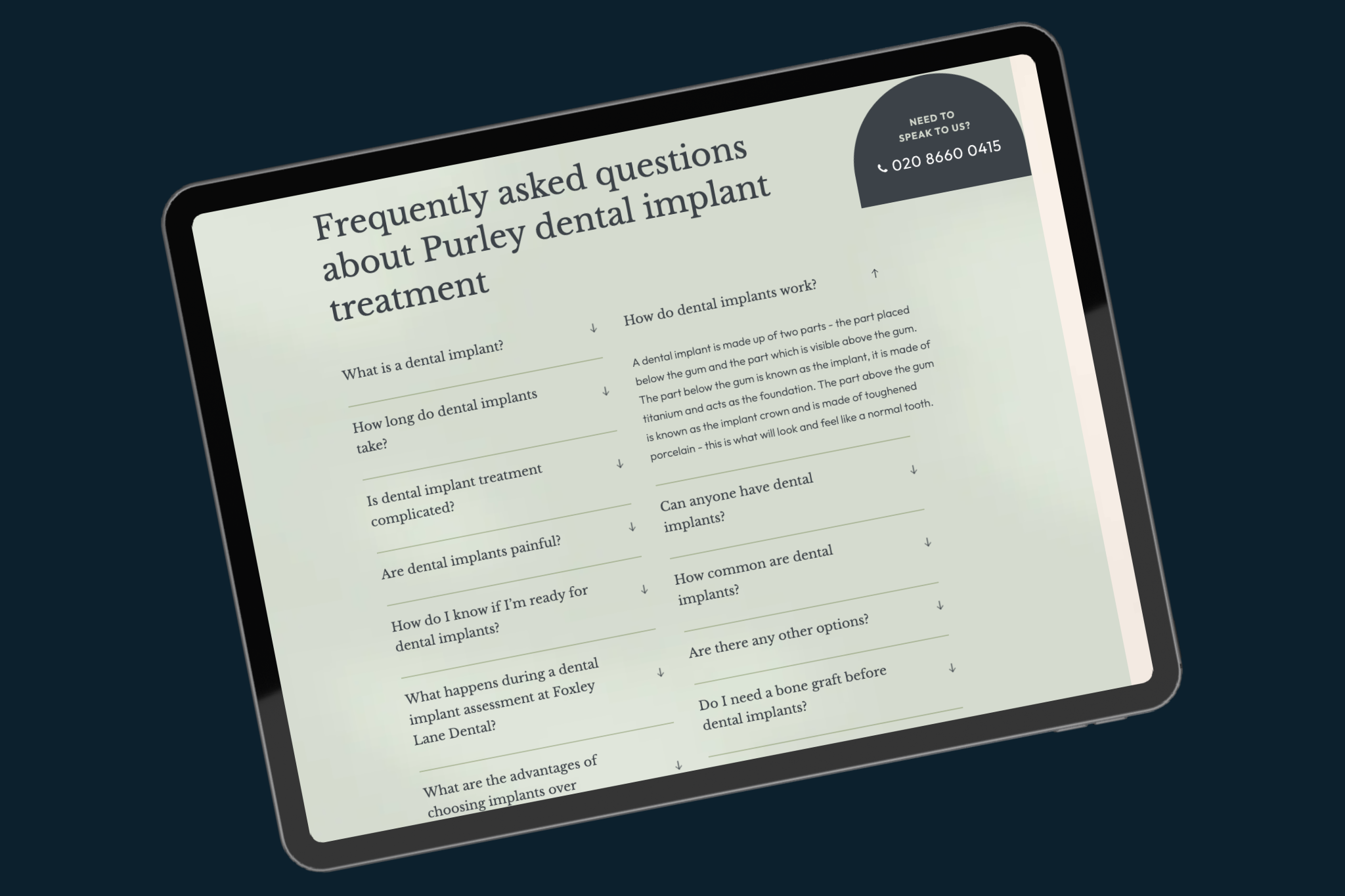 Dental implant FAQ page designed to answer common patient questions and improve dental website SEO