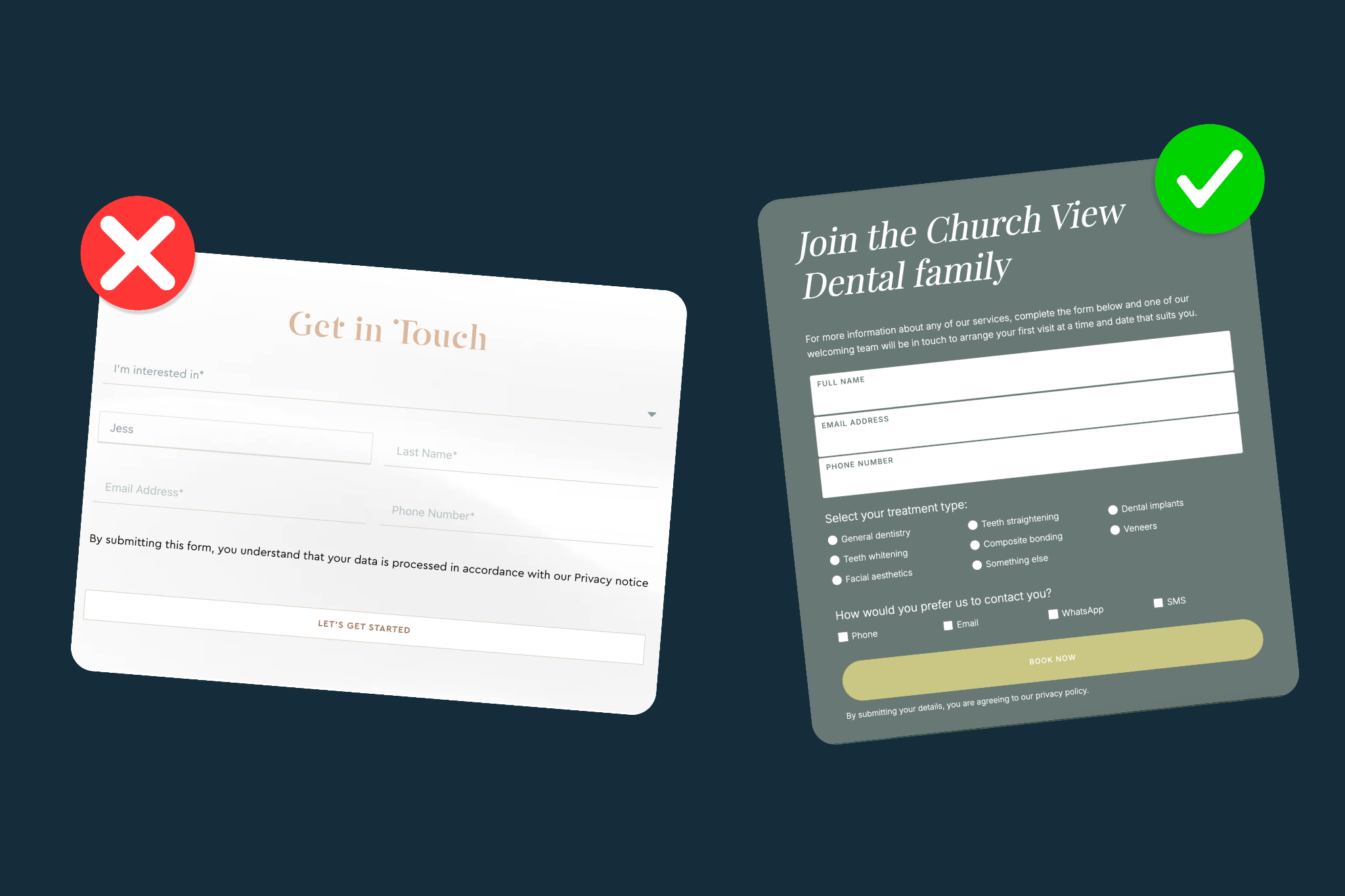 Comparison of a poorly designed dental website contact form versus an optimised patient booking form showing how user-friendly form design improves conversion rates