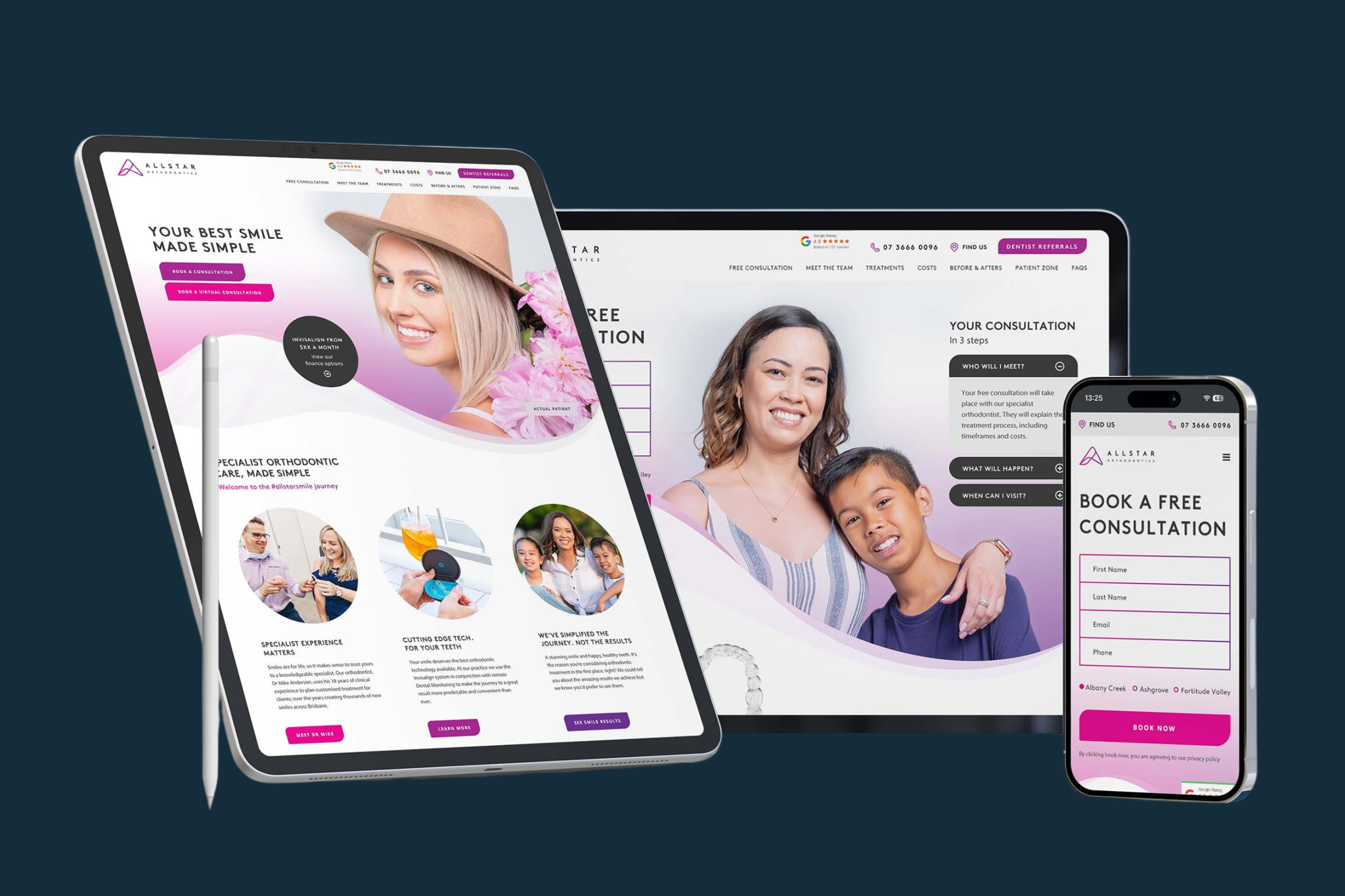 Responsive dental website design displayed across desktop, tablet and mobile devices