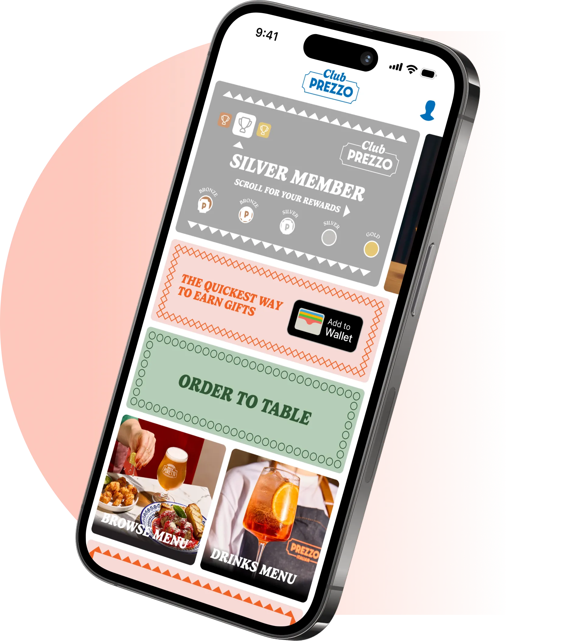 A modern black smartphone, shown at an angle, displaying the loyalty app interface for "Club Prezzo.
