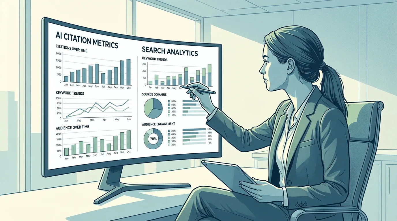 Marketing strategist reviewing AI citation analytics on a dashboard screen