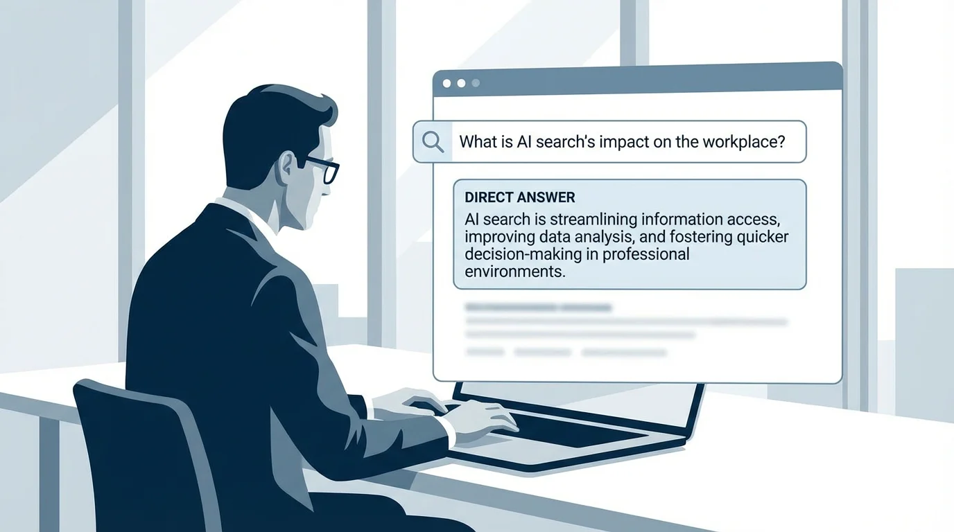 Professional analyzing AI-powered search results on a laptop in a modern office