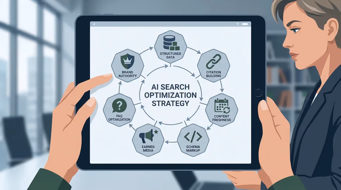 Infographic showing seven GEO strategies for improving AI search visibility