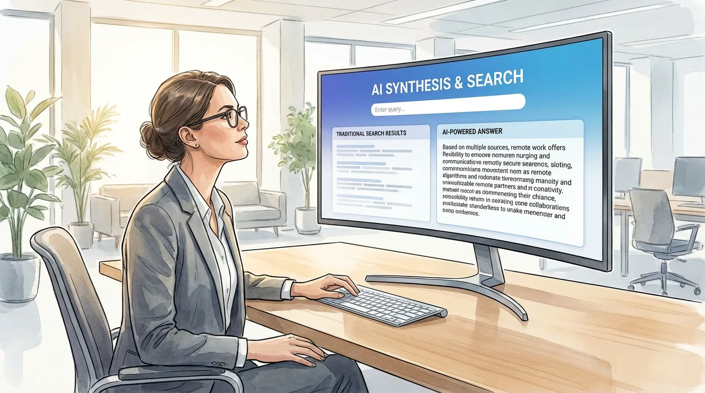 Professional viewing AI search interface showing synthesized answers instead of traditional search links