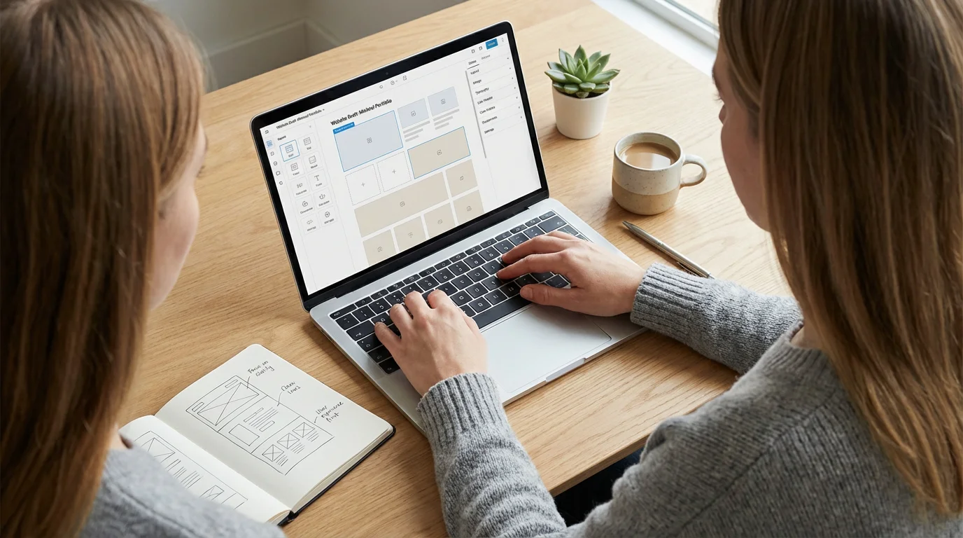 Professional designer working on a visual website builder interface on a laptop