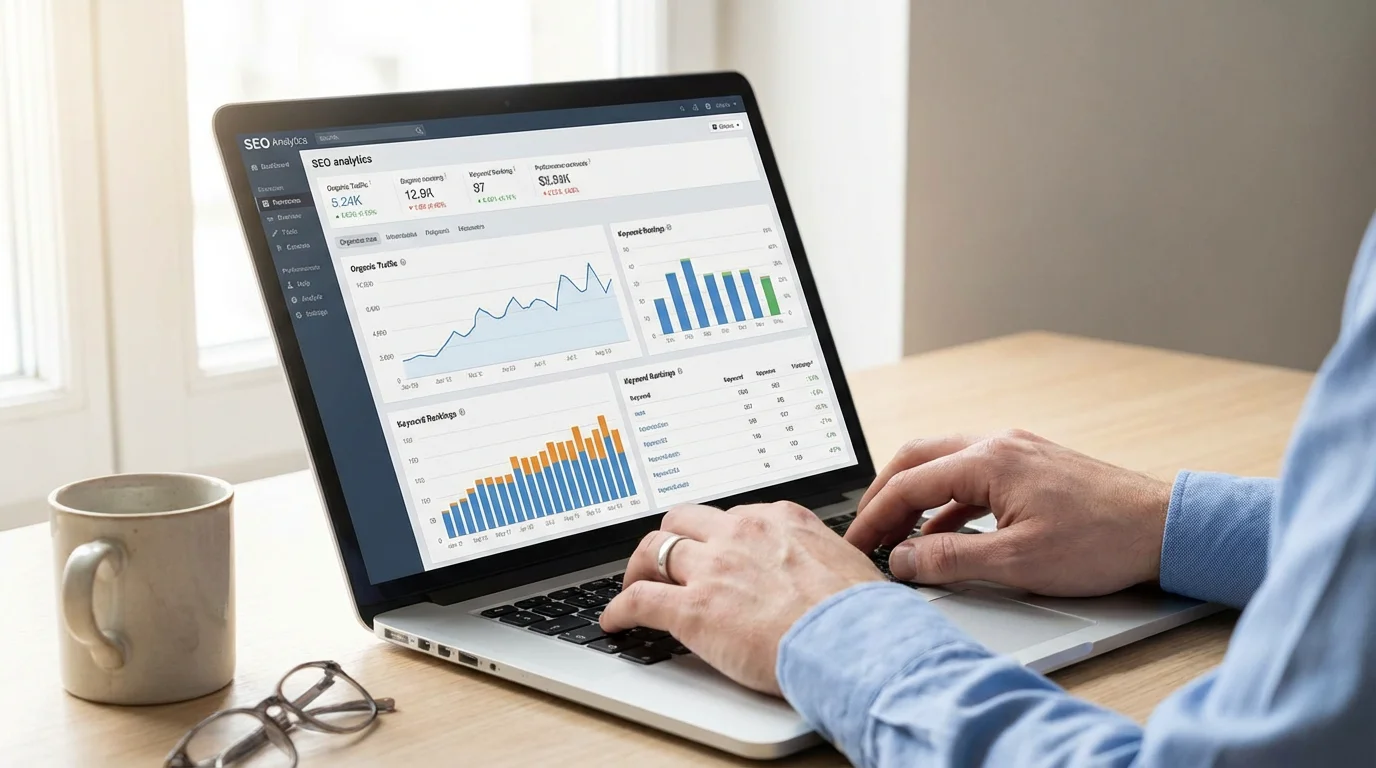 SEO analytics dashboard displayed on laptop in a professional office setting