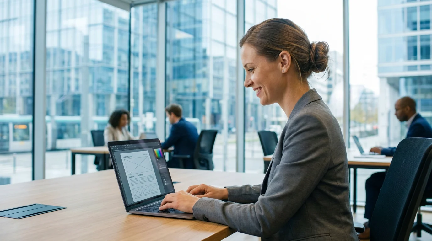 European business professional designing a website in a modern Brussels office
