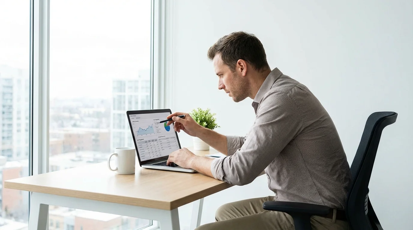 Business professional analyzing website performance metrics on a laptop