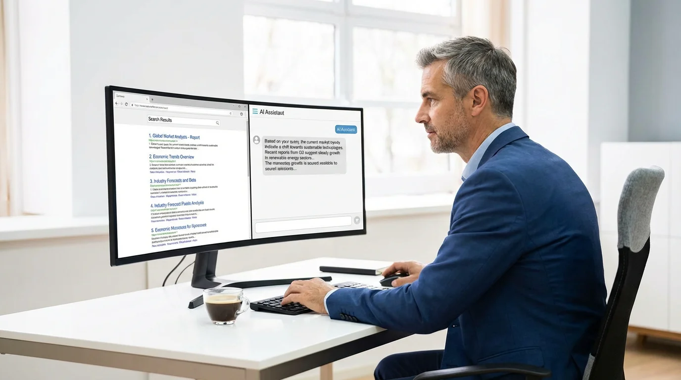 Business professional comparing traditional search results with AI-generated answers on a monitor
