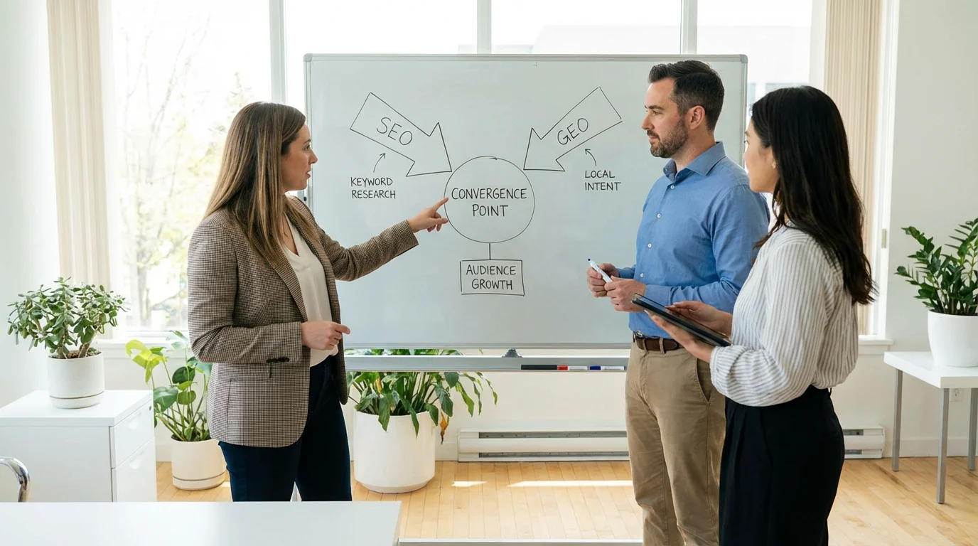 Marketing team planning a combined SEO and GEO content strategy on a whiteboard