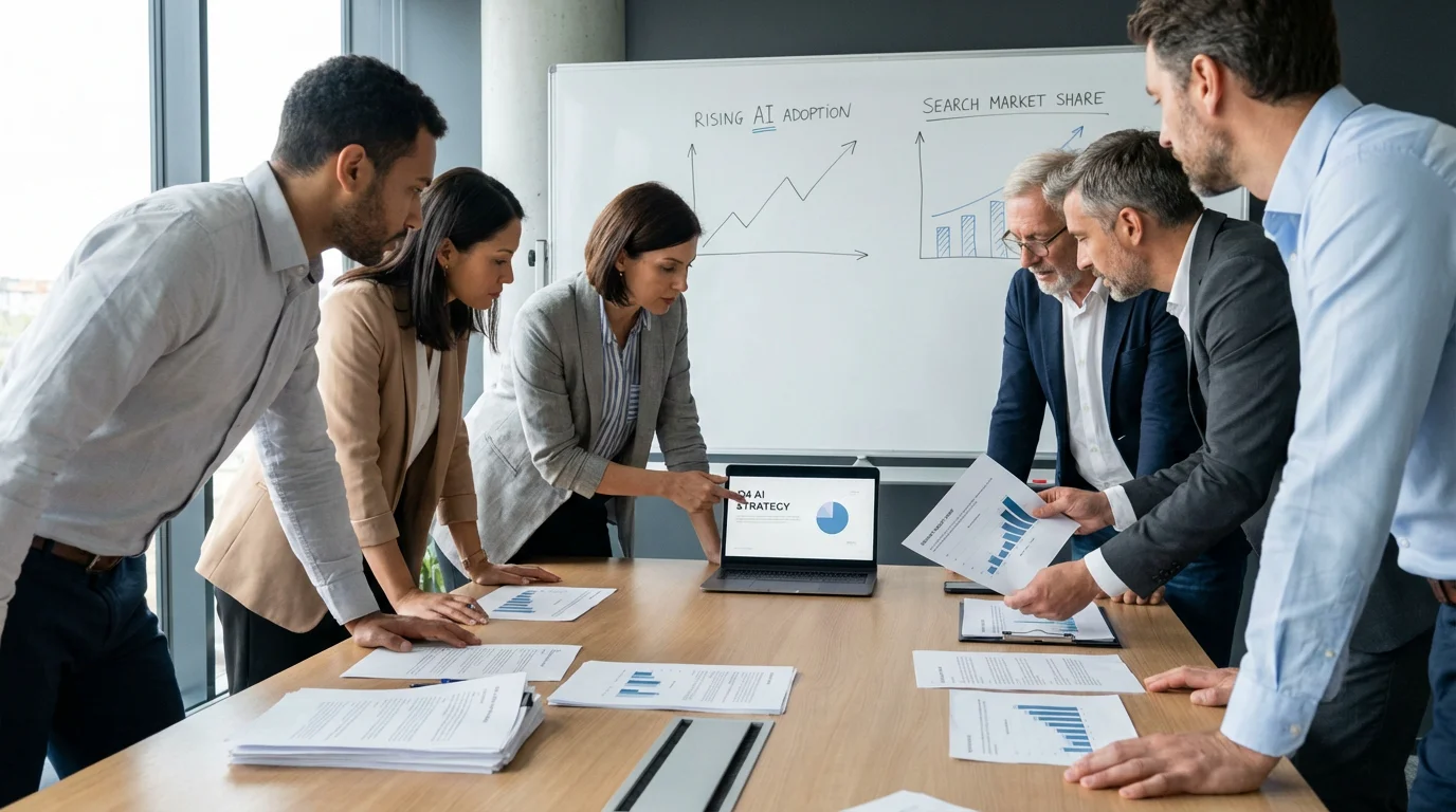 Marketing team analyzing AI search adoption data and strategic implications in a boardroom setting