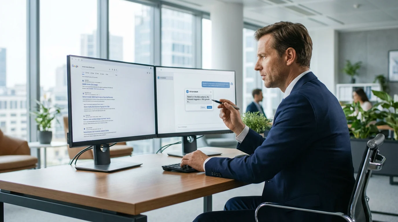 Business professional comparing traditional search results with AI search interface on dual monitors