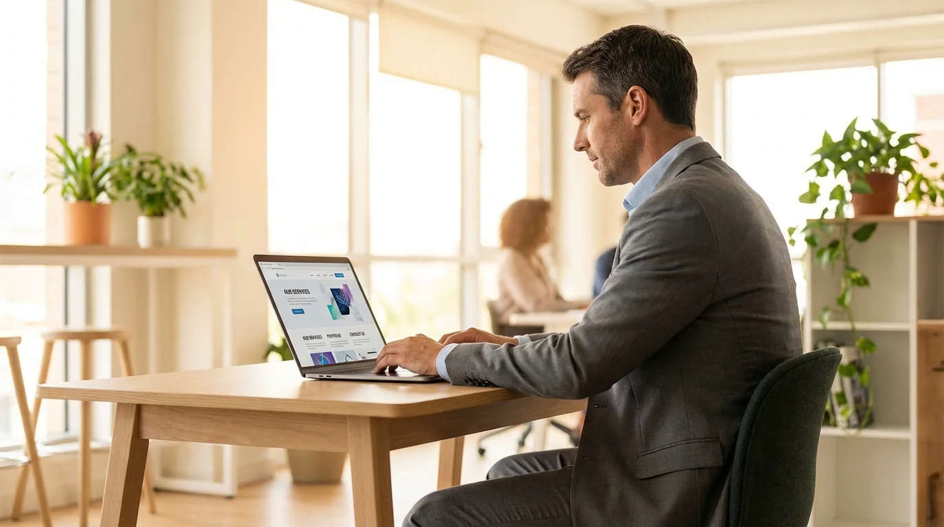 Business professional reviewing a modern website design on laptop in a bright office