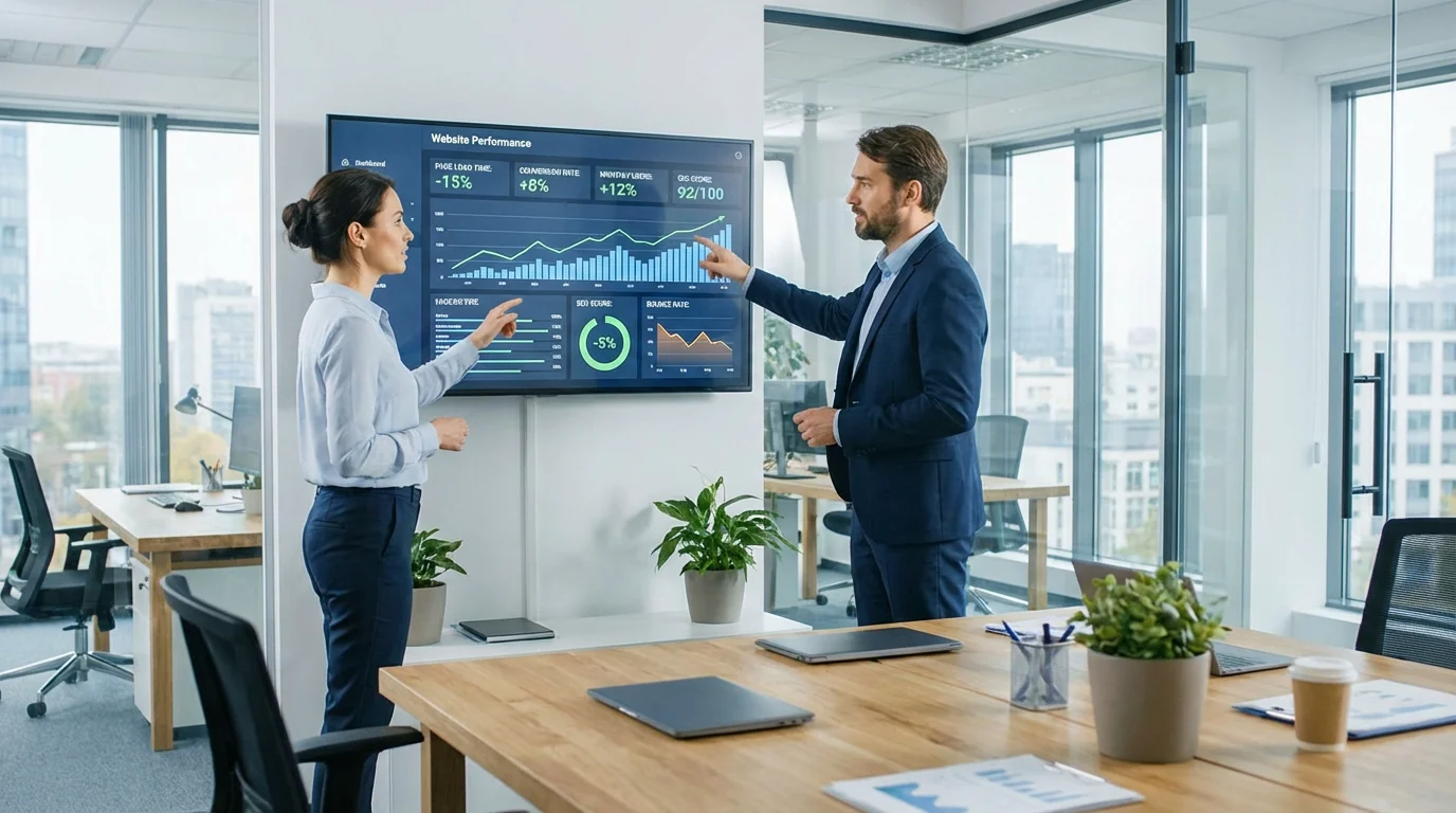 Professional team analyzing website performance metrics on a monitor in a modern office