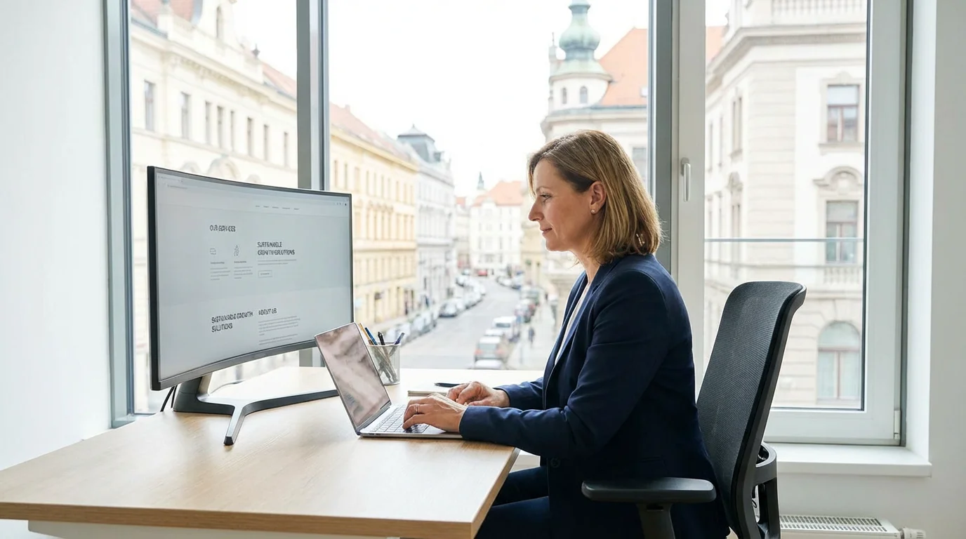 Professional working on website design in a modern European office