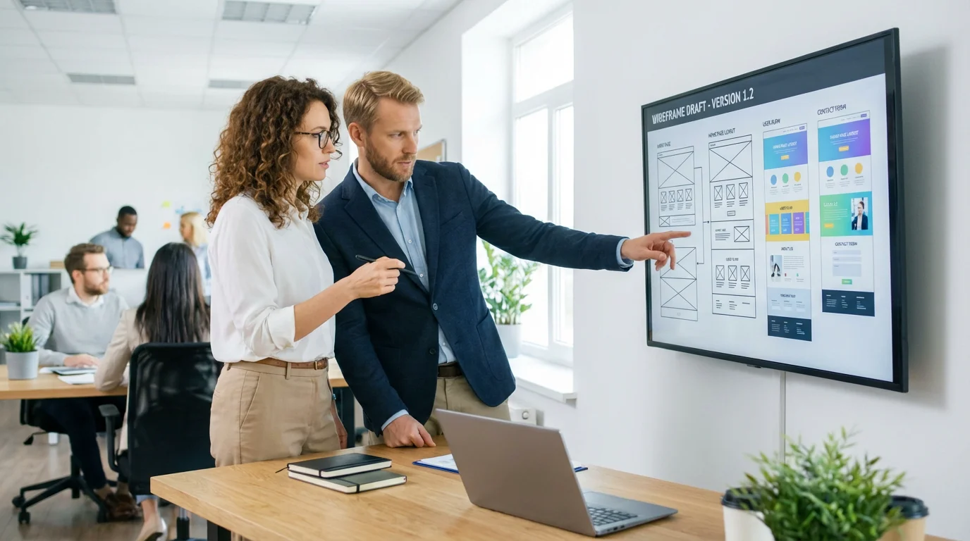 European professionals reviewing UX design wireframes on screen