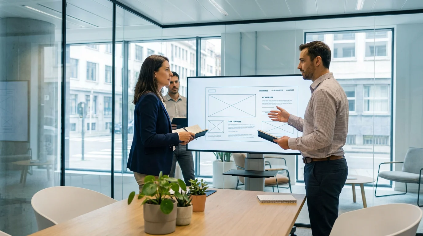 Belgian business team reviewing a website design in a modern Brussels office