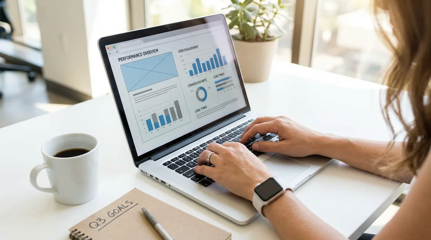 Professional reviewing website performance metrics on laptop in a modern workspace
