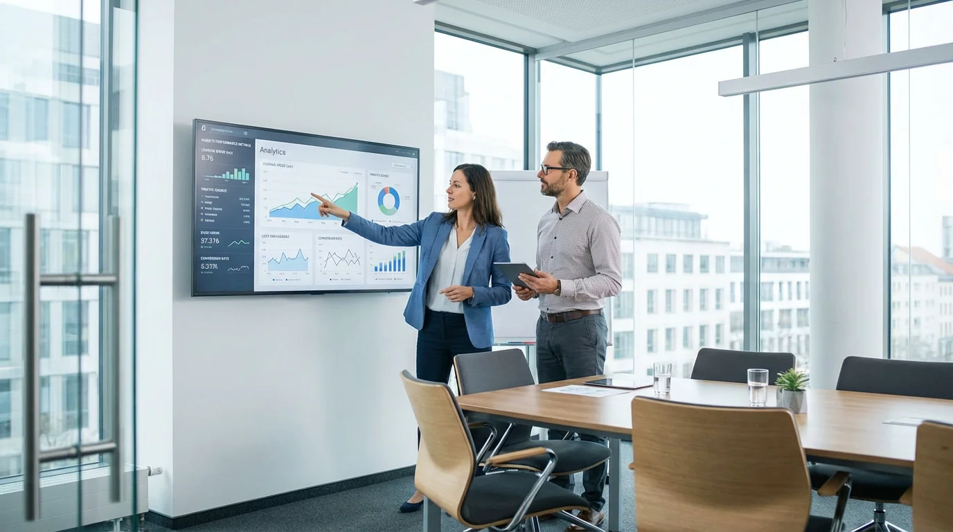 European team analyzing website performance metrics on a large dashboard screen