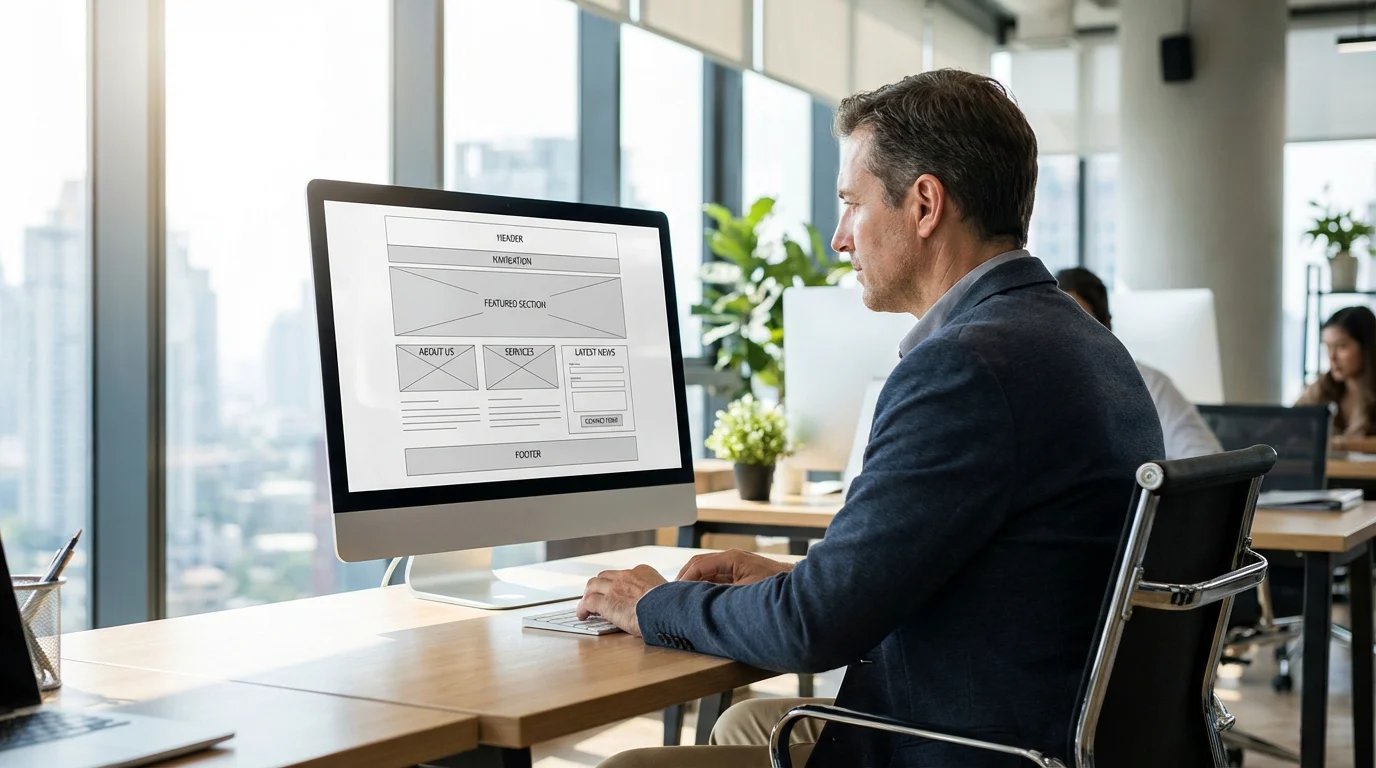 Professional reviewing a modern website design on desktop in a bright office