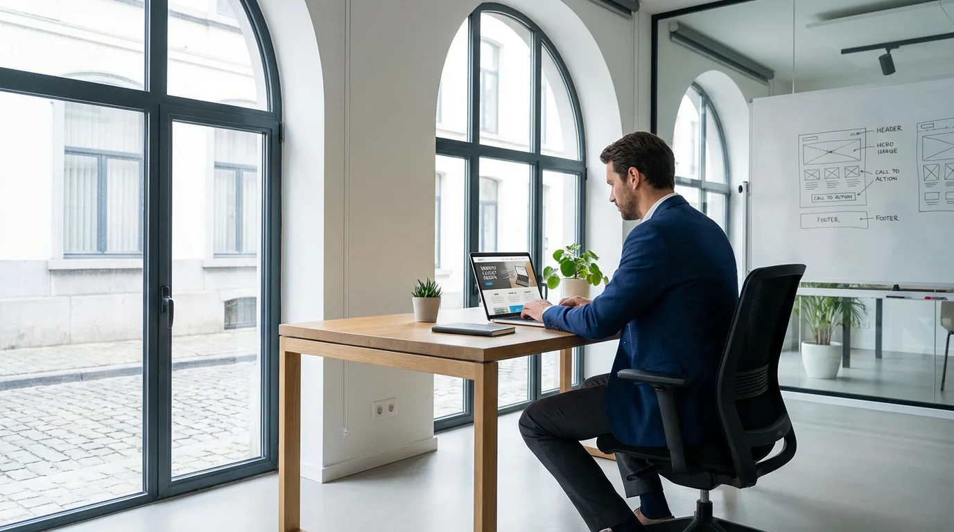 European professional designing a website in a modern Brussels office