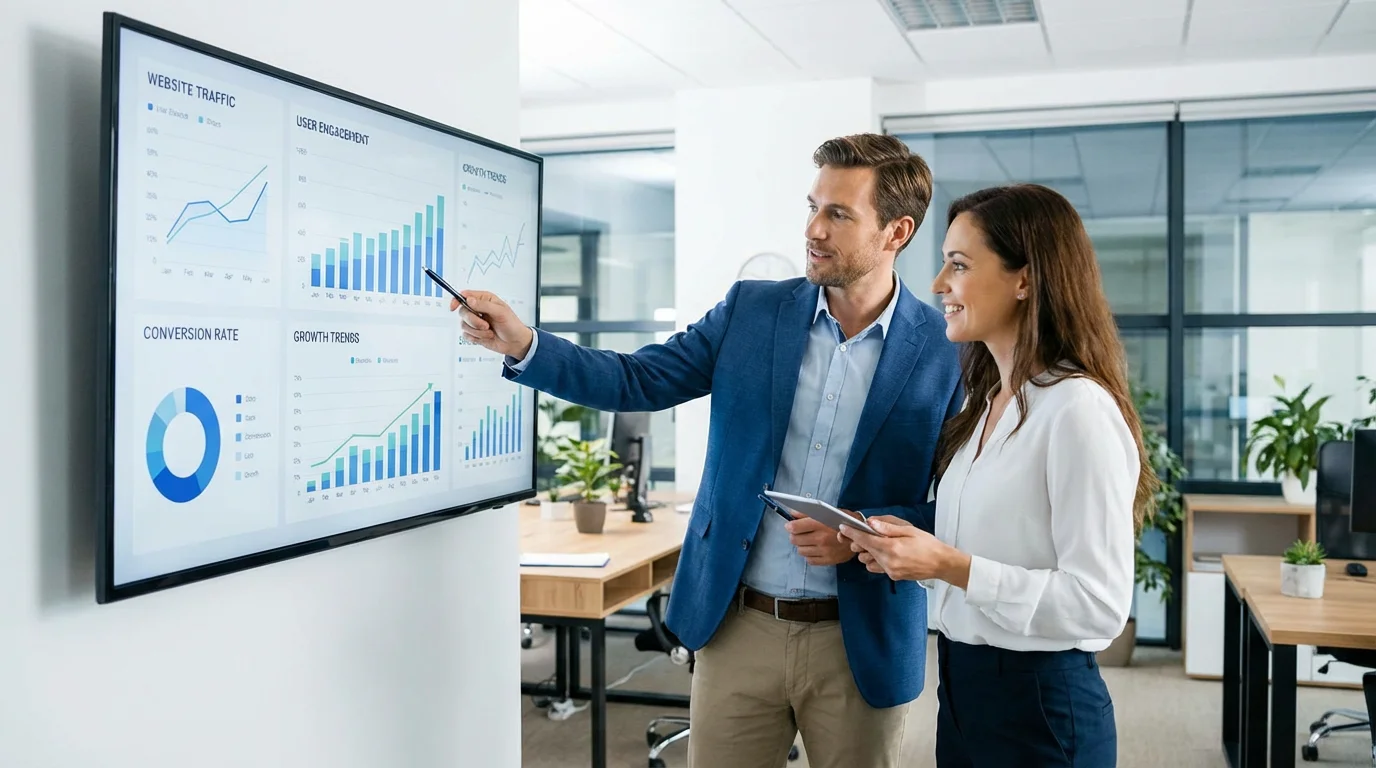 Two professionals reviewing website performance analytics in a modern office