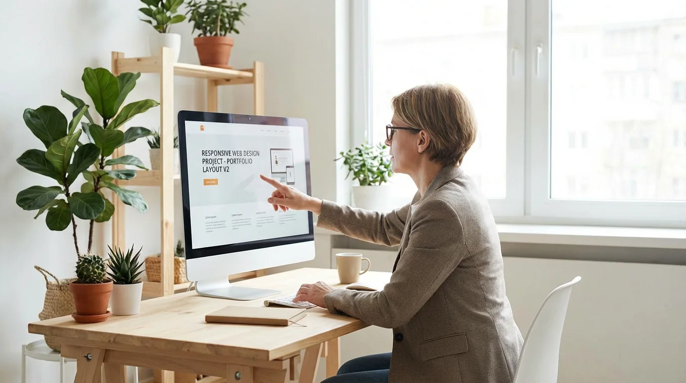 Business professional in Berchem-Sainte-Agathe reviewing website design on desktop screen