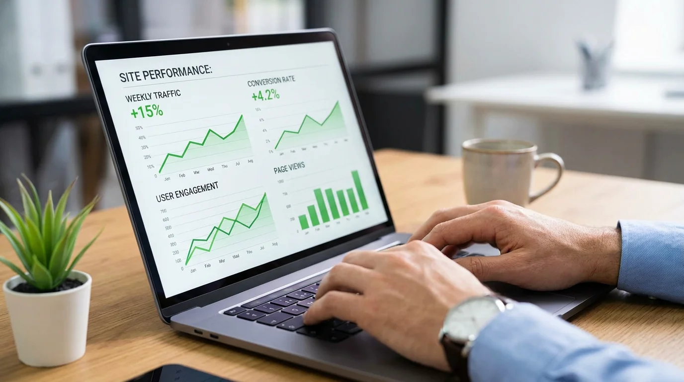 Website performance analytics dashboard showing speed and SEO metrics