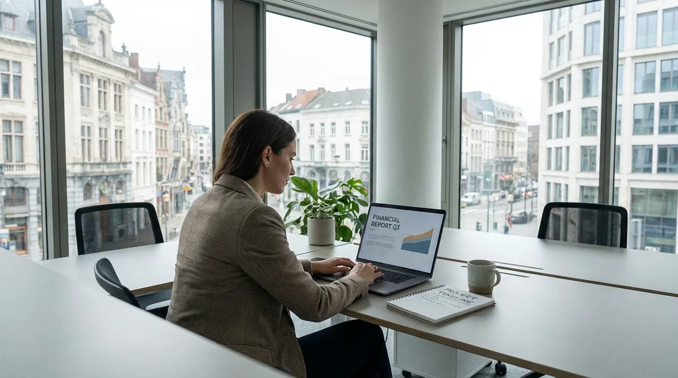 Professional working on website design in a modern Brussels office