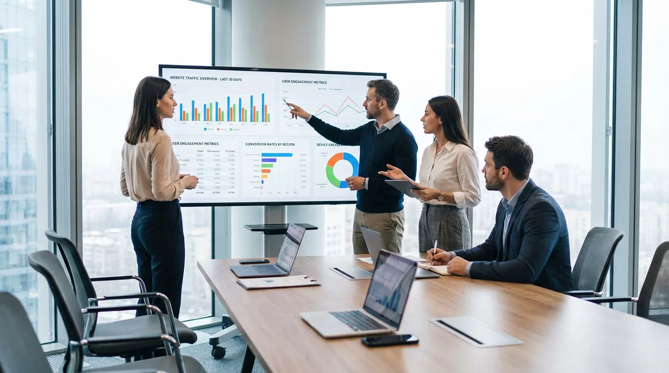 Team reviewing Webflow website analytics in a Brussels meeting room