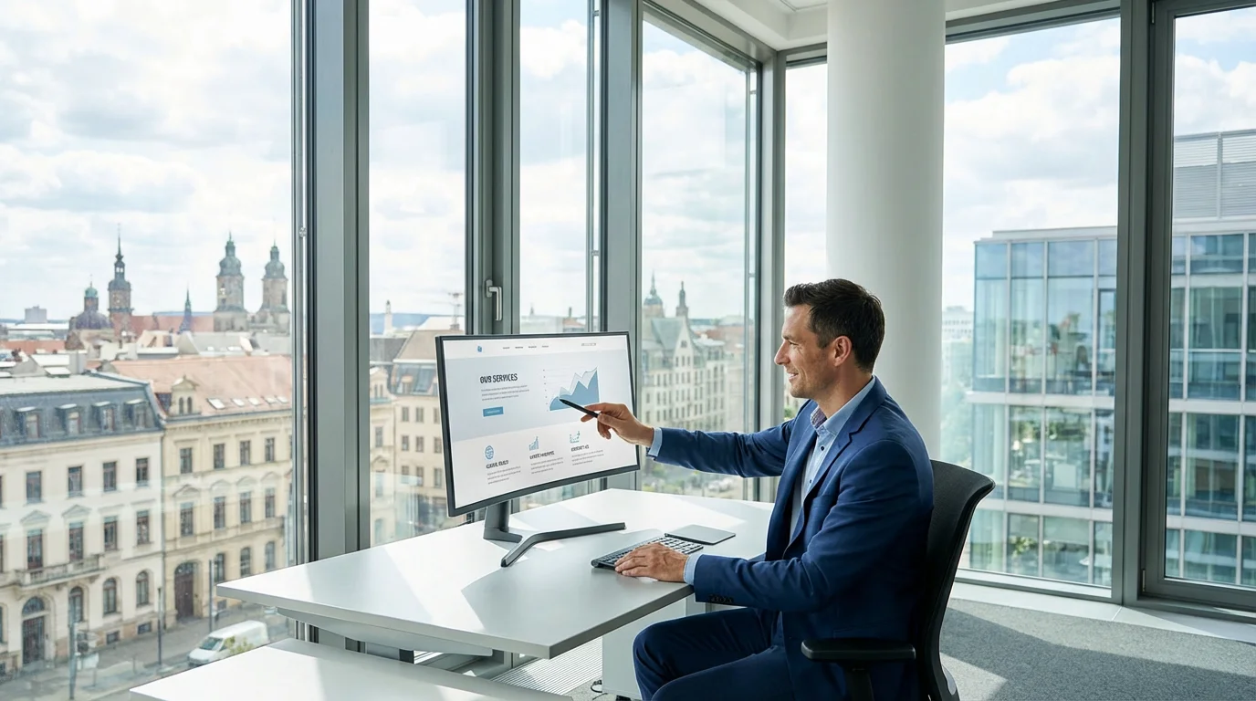 European professional reviewing modern website design in a Brussels office