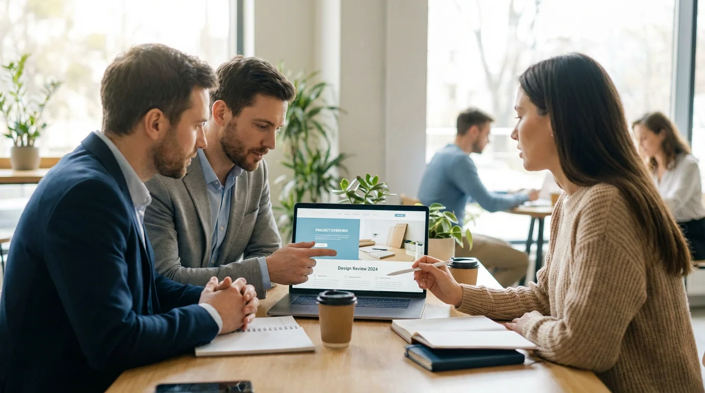 European professionals collaborating on a website project in a modern coworking space