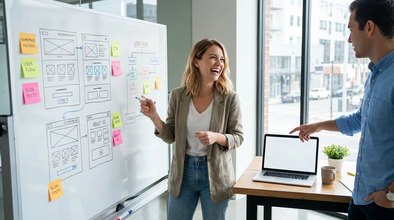 Team collaborating on evergreen website wireframe planning in a modern workspace