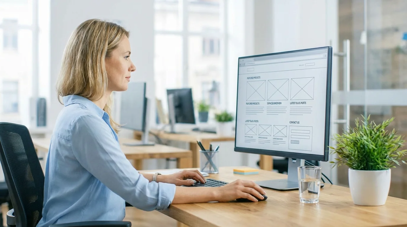 Web designer working with a component library layout on a large monitor in a modern office