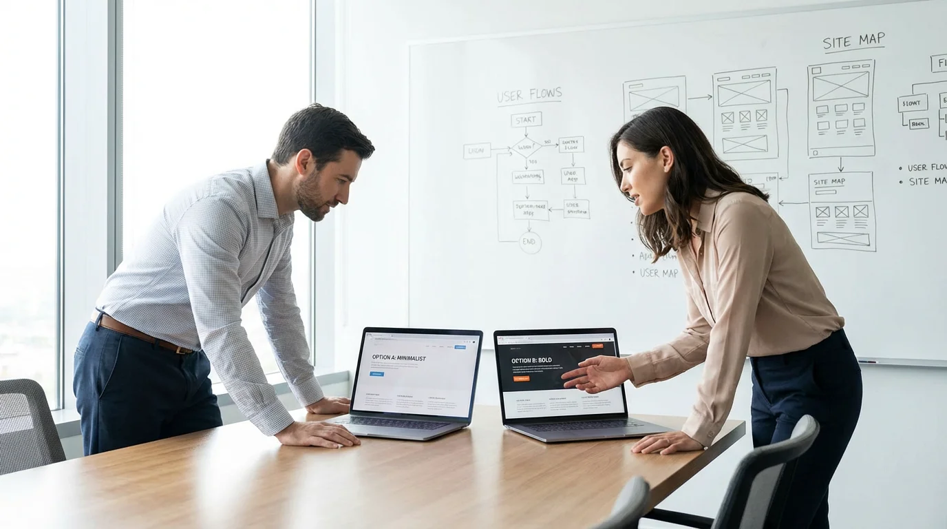 Two professionals comparing website component libraries on laptop screens in a meeting room