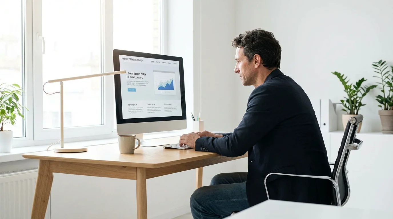 European business owner reviewing website design on monitor in modern office