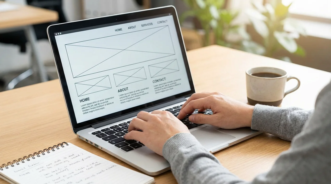 European professional working on website wireframe on laptop in creative workspace
