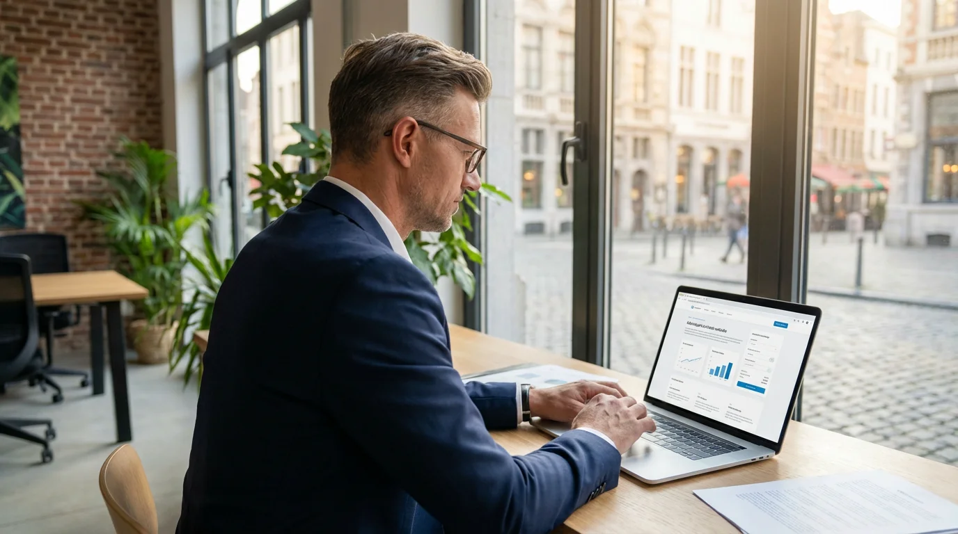 European professional designing a website in a modern Brussels office