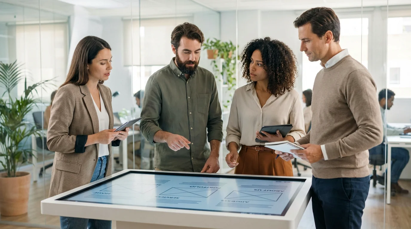 European team collaborating on a website project in a modern co-working space