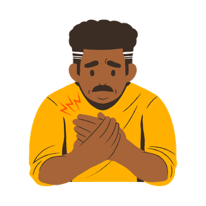 Person with crossed arms holding chest, showing pain indicated by red jagged lines on shoulder.