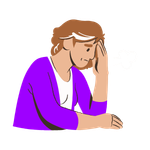 Woman with brown hair in a purple shirt resting her head on her hand, showing signs of frustration or stress with a puff of air near her head.